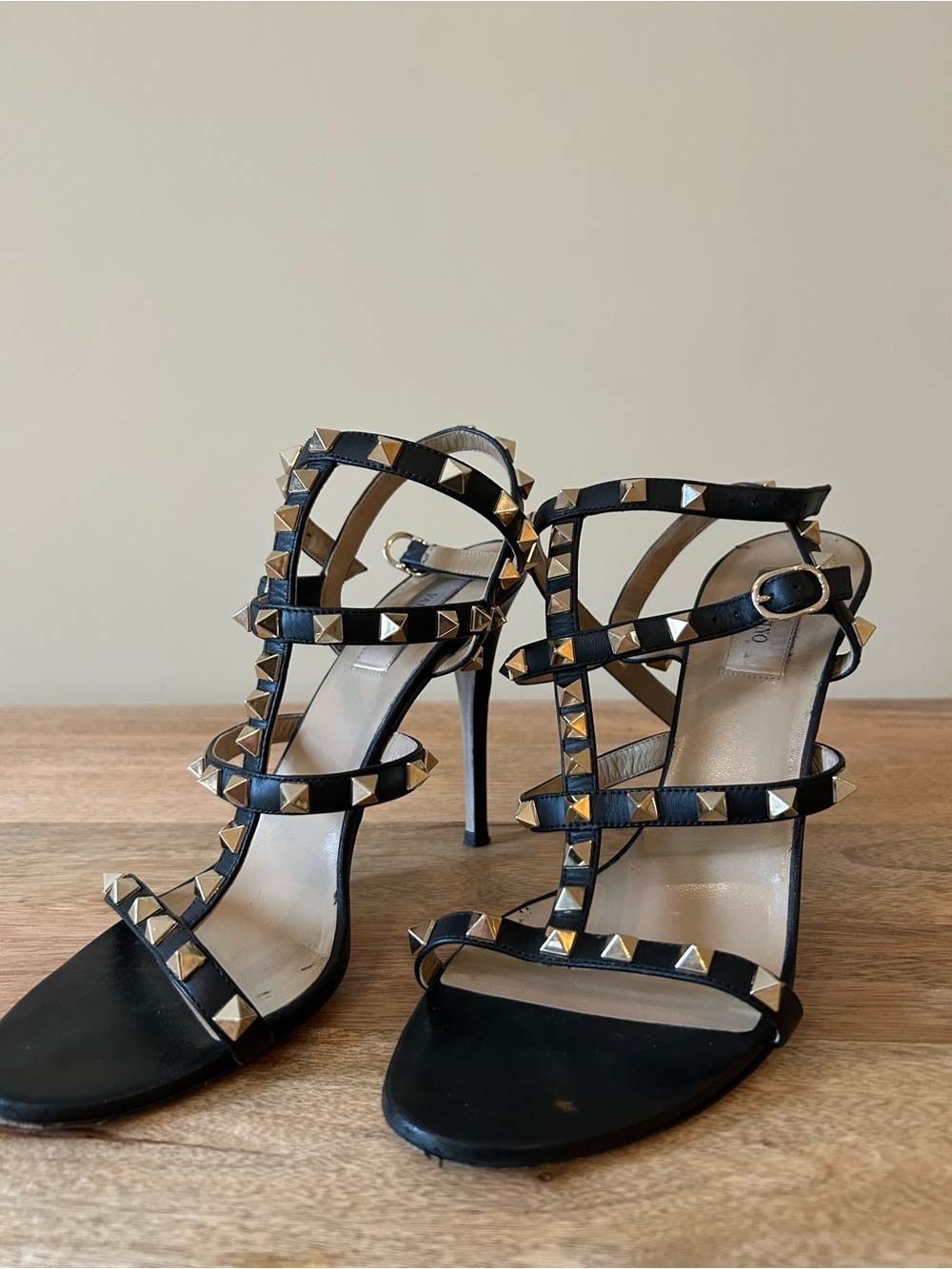 Valentino Black Leather Gold-Stud Strappy Stiletto Sandals